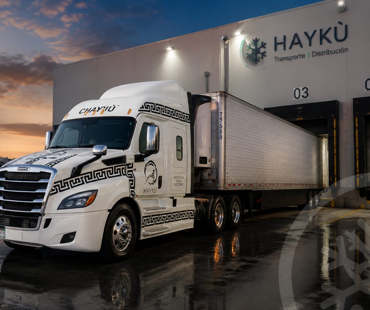 Tractocamión con caja refrigerada de Grupo Haykù en andén